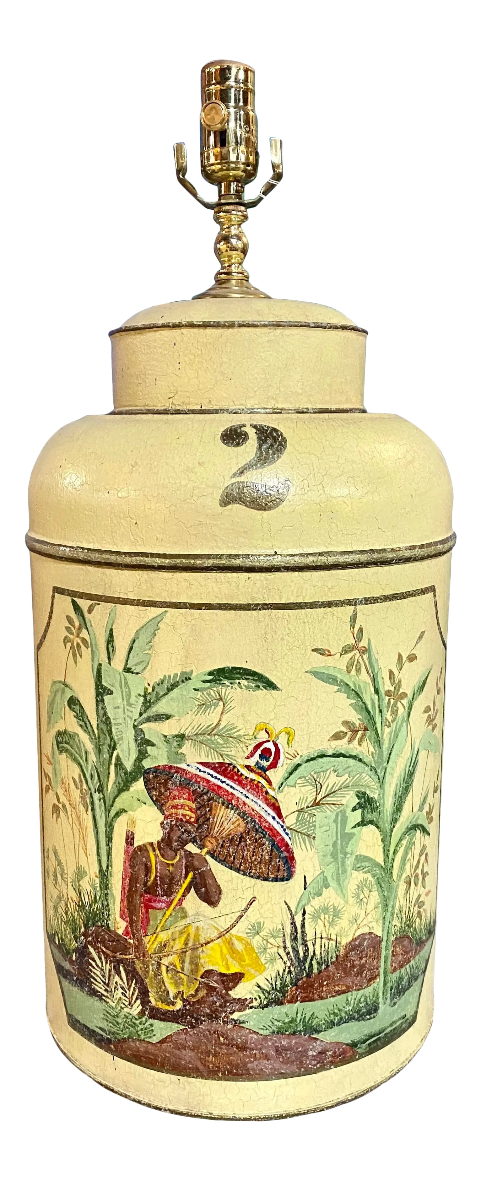 1970s Mid-Century Tole Hand Painted English Export Tea Caddy Lamp: Great vintage English tea caddy lamp in very good condition. Shade is not included, but can be shipped separately, please contact me for more details. Condition: Alterations: Original Condition