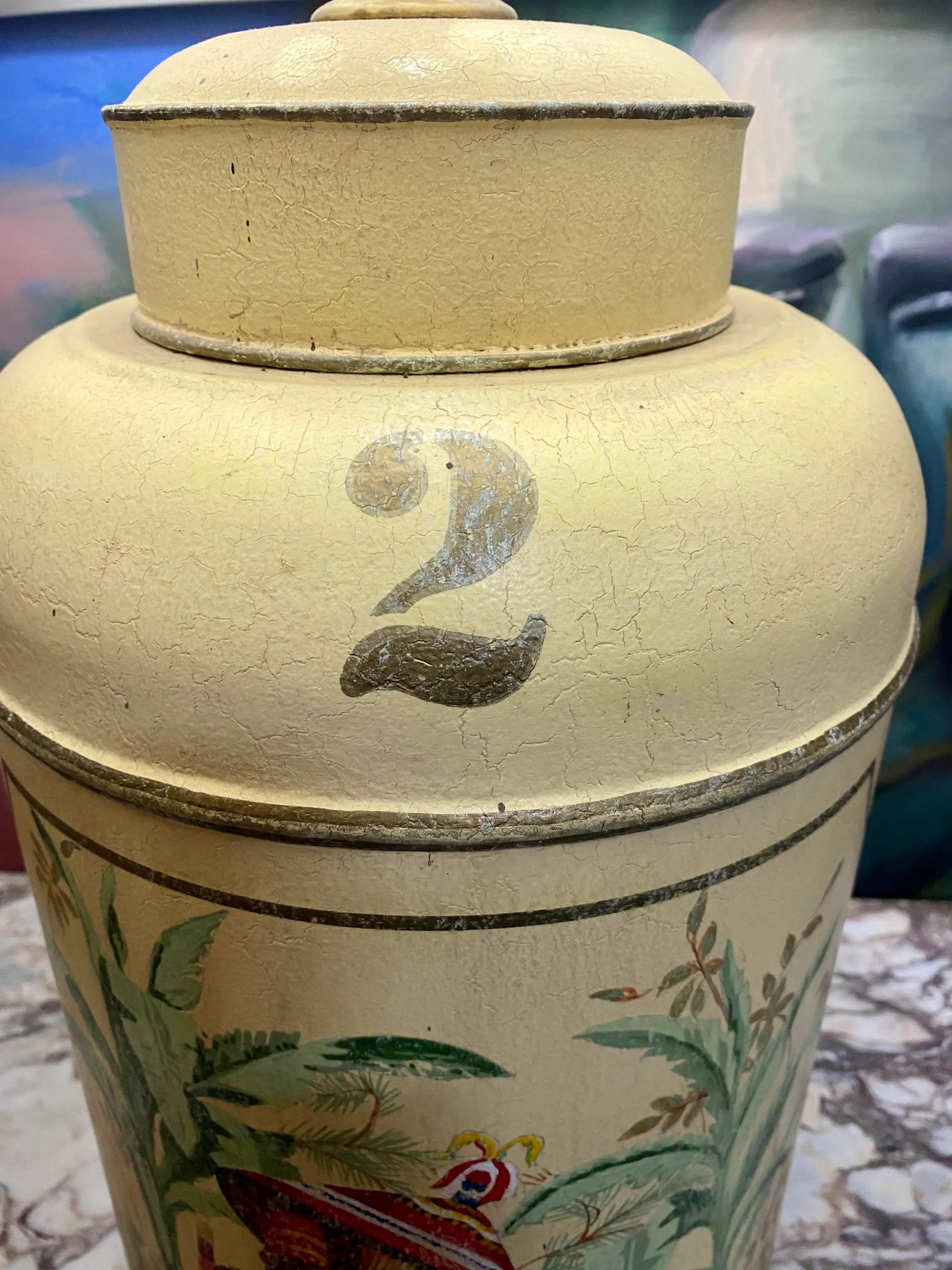 1970s Mid-Century Tole Hand Painted English Export Tea Caddy Lamp - 4