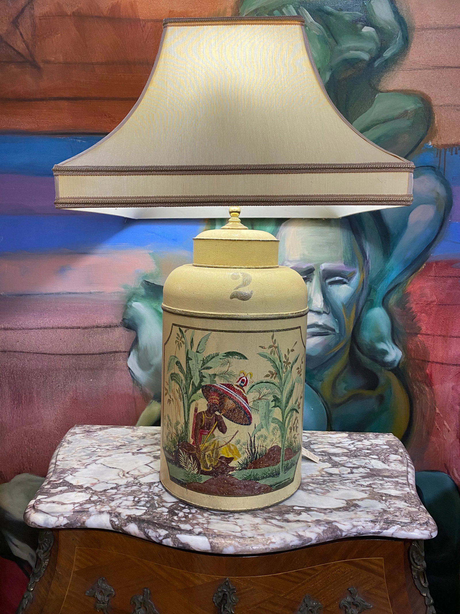 1970s Mid-Century Tole Hand Painted English Export Tea Caddy Lamp - 5