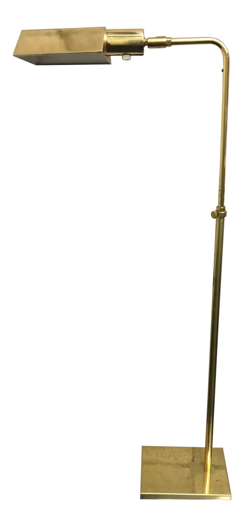 Mid 20th Century Mid Century Modern Brass Arc Floor Lamp: Mid century modern Brass Circular Arc Dome Floor Lamp. Features rectangular base with bent arch next and geometrical shade and adjustable height. Condition: Alterations: Original Condition Unaltered
