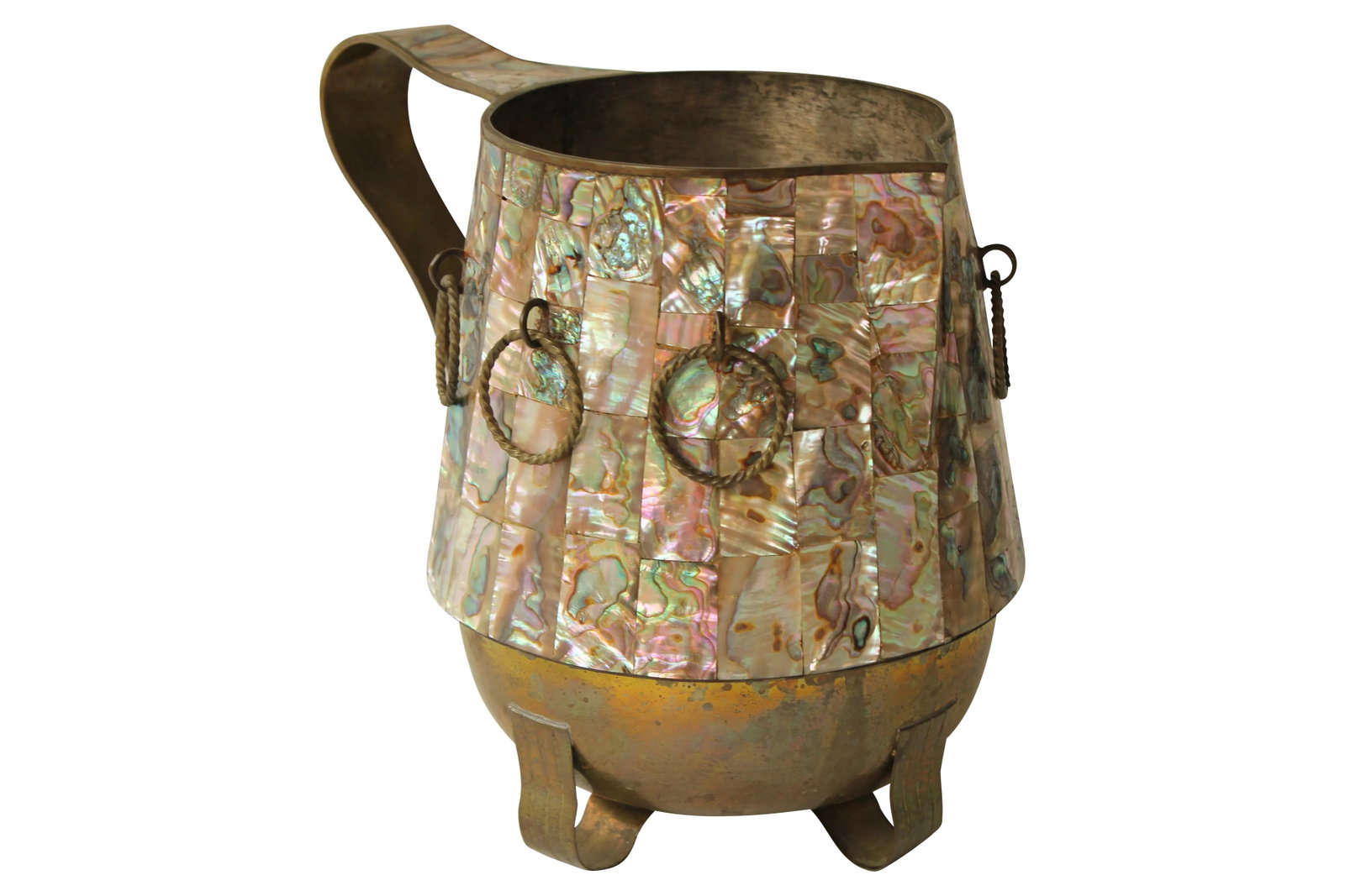 Salvador Teran Mother of Pearl Shell & Brass Pitcher: 1950s Mexican water pitcher by Salvador Teran, featuring twisted brass rings and iridescent shell inlay. Its original patina has been preserved; it has not been recently cleaned. This item includes