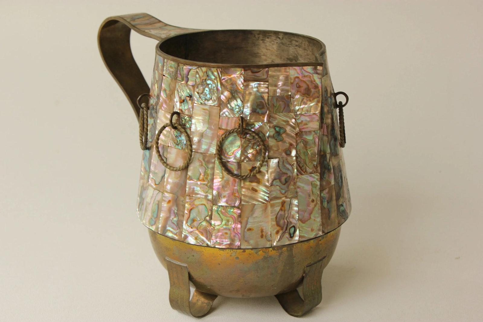 Salvador Teran Mother of Pearl Shell & Brass Pitcher - 2