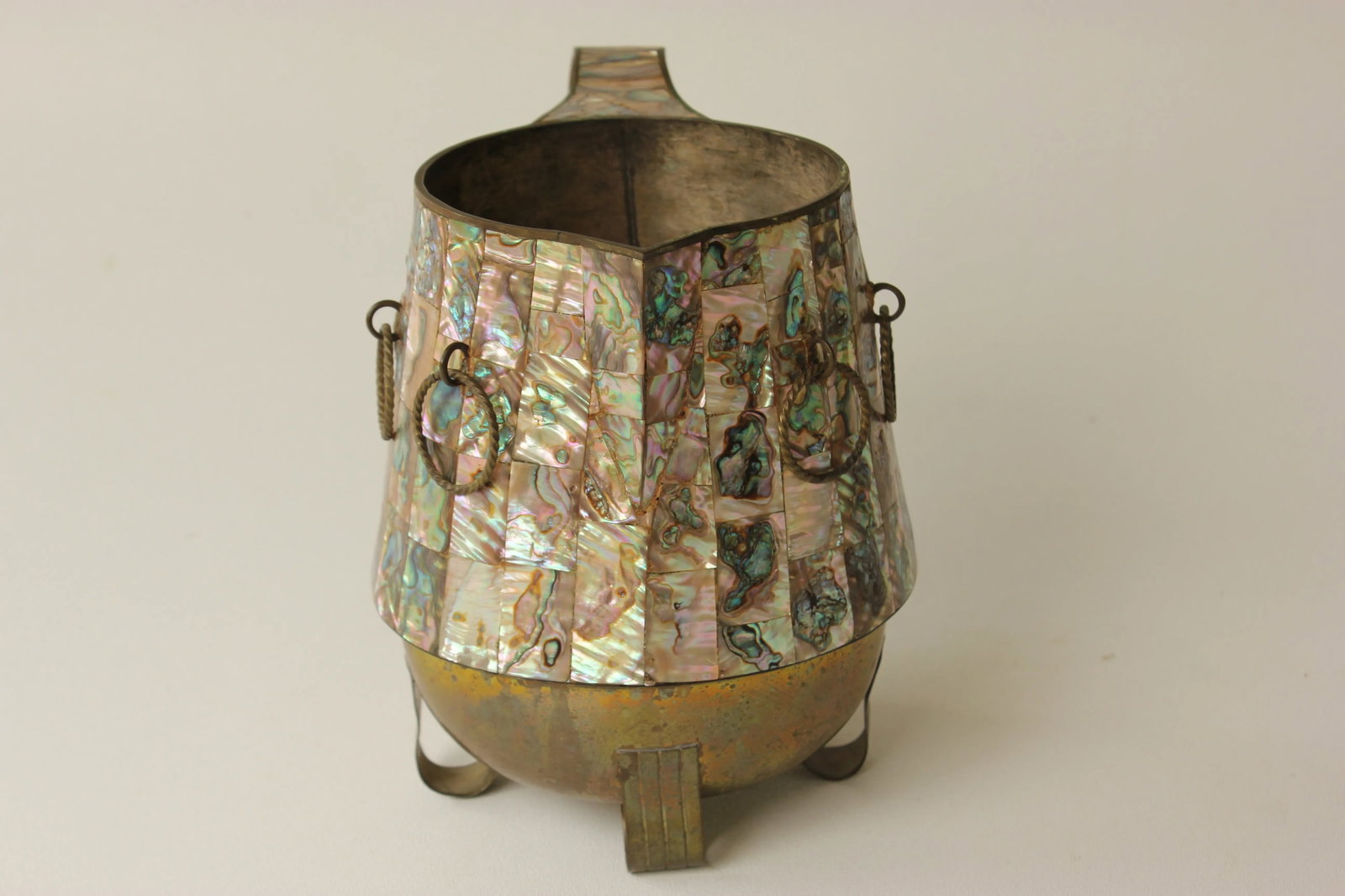 Salvador Teran Mother of Pearl Shell & Brass Pitcher - 3