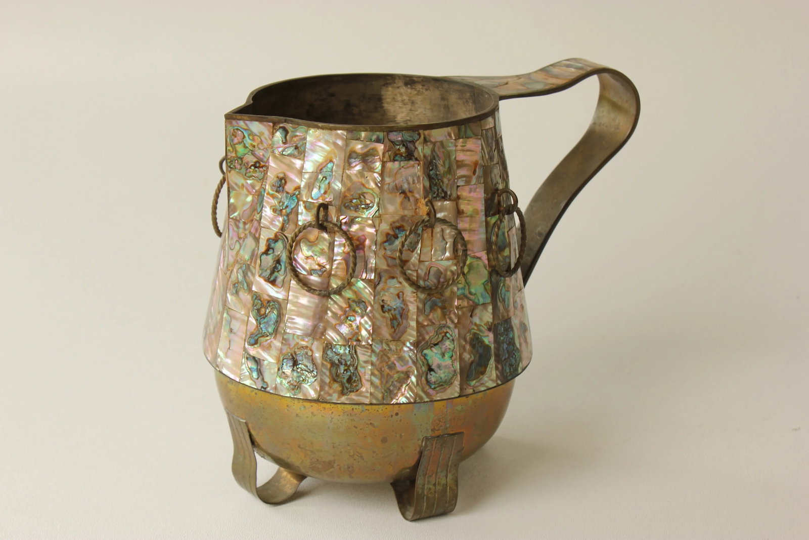 Salvador Teran Mother of Pearl Shell & Brass Pitcher - 4