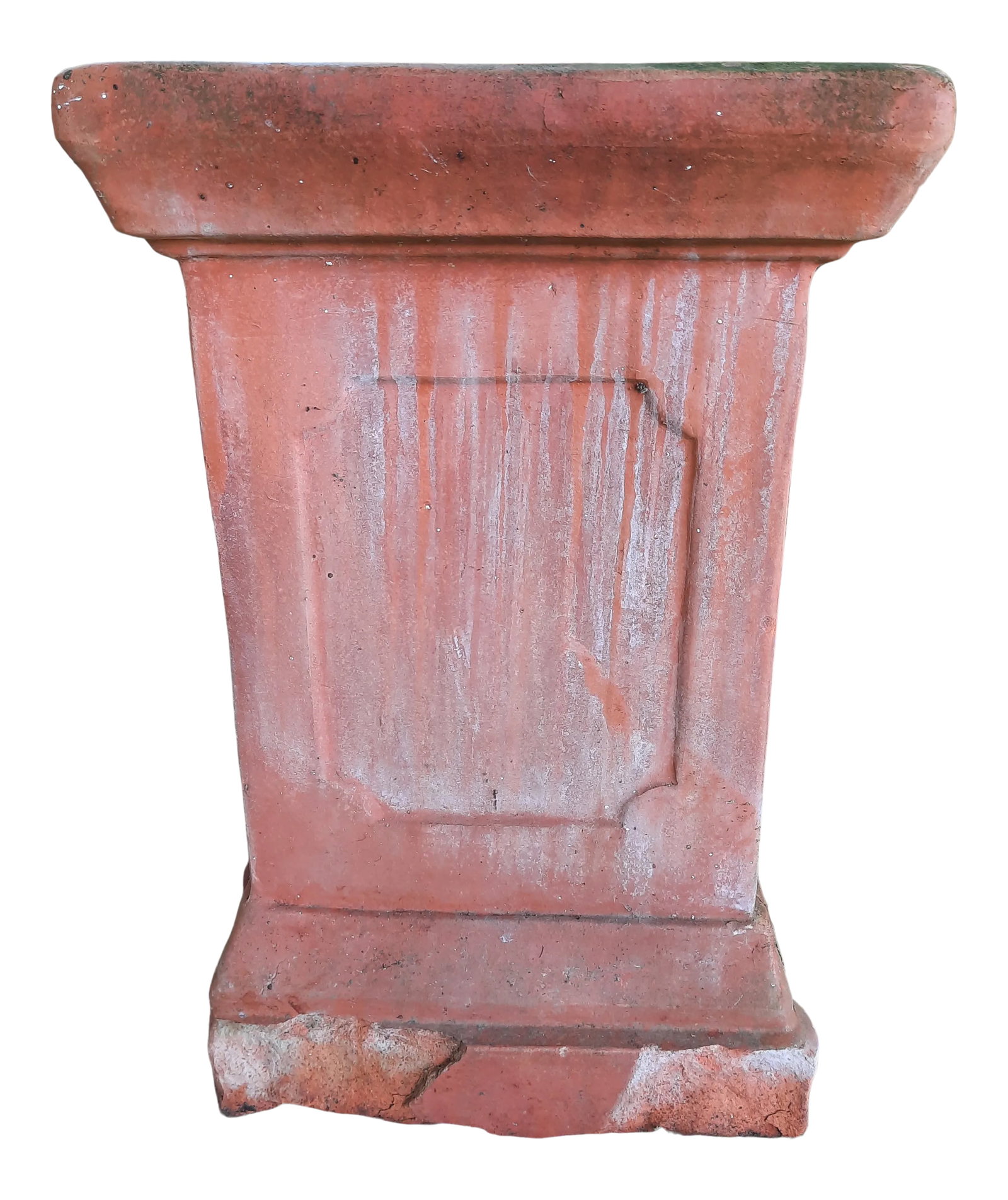 Vintage Italian Terracotta Pedestal: Vintage Terracotta pedestal from Italy. Very aged and weathered with distressing. See all photos for the chips on the base. Drainage hole on the top. Naturally patina on the terracotta from being outs