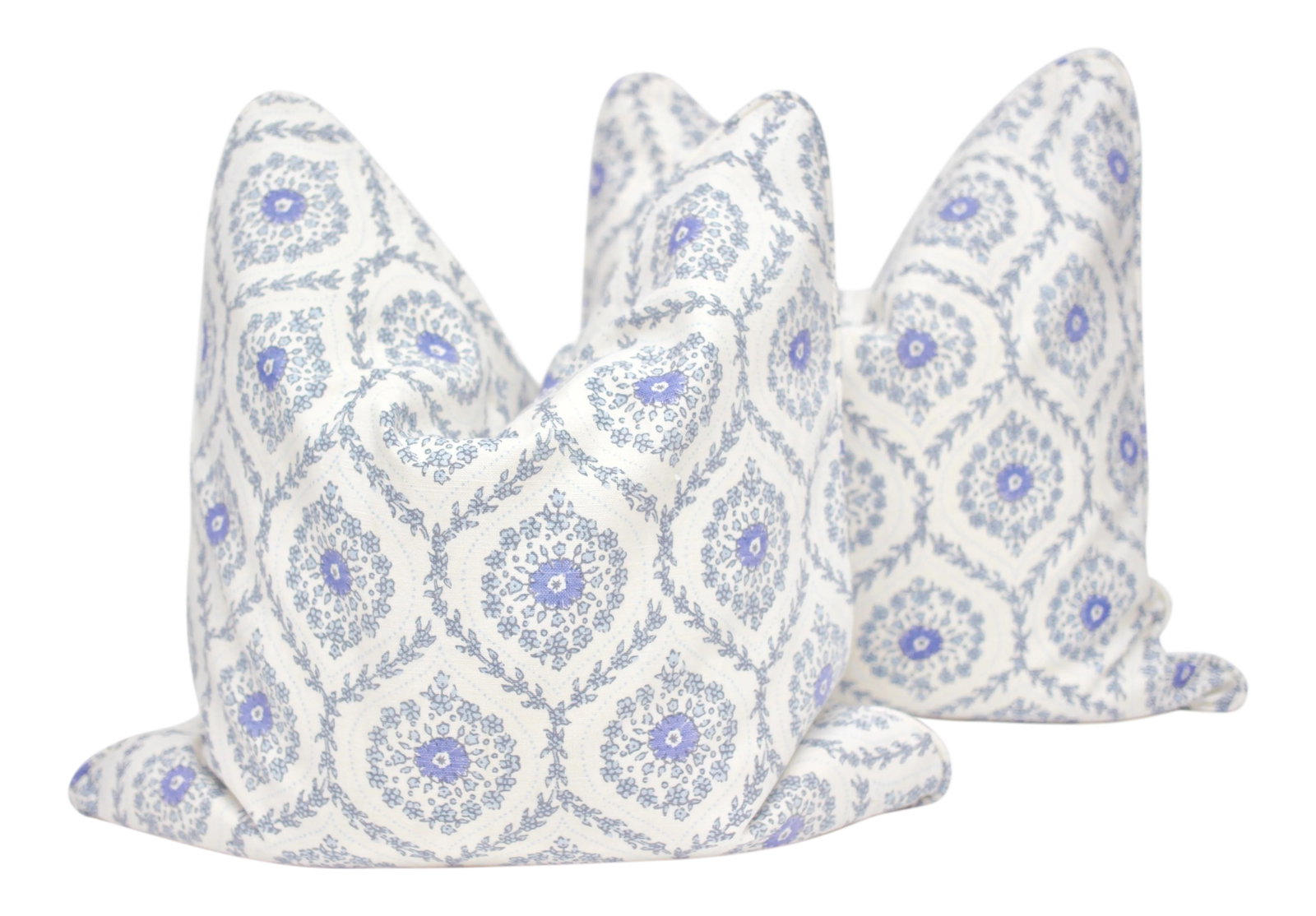 John Robshaw "Umma" 21" Square Hand Blocked Double Sided Down/Feather Pillows - a Pair: Beautifully handmade double sided pair of John Robshaw 21" Square hand blocked "Umma" pillows in "Periwinkle." Pillows feature a self welt, down/feather insert, and an invisible zipper closure. John