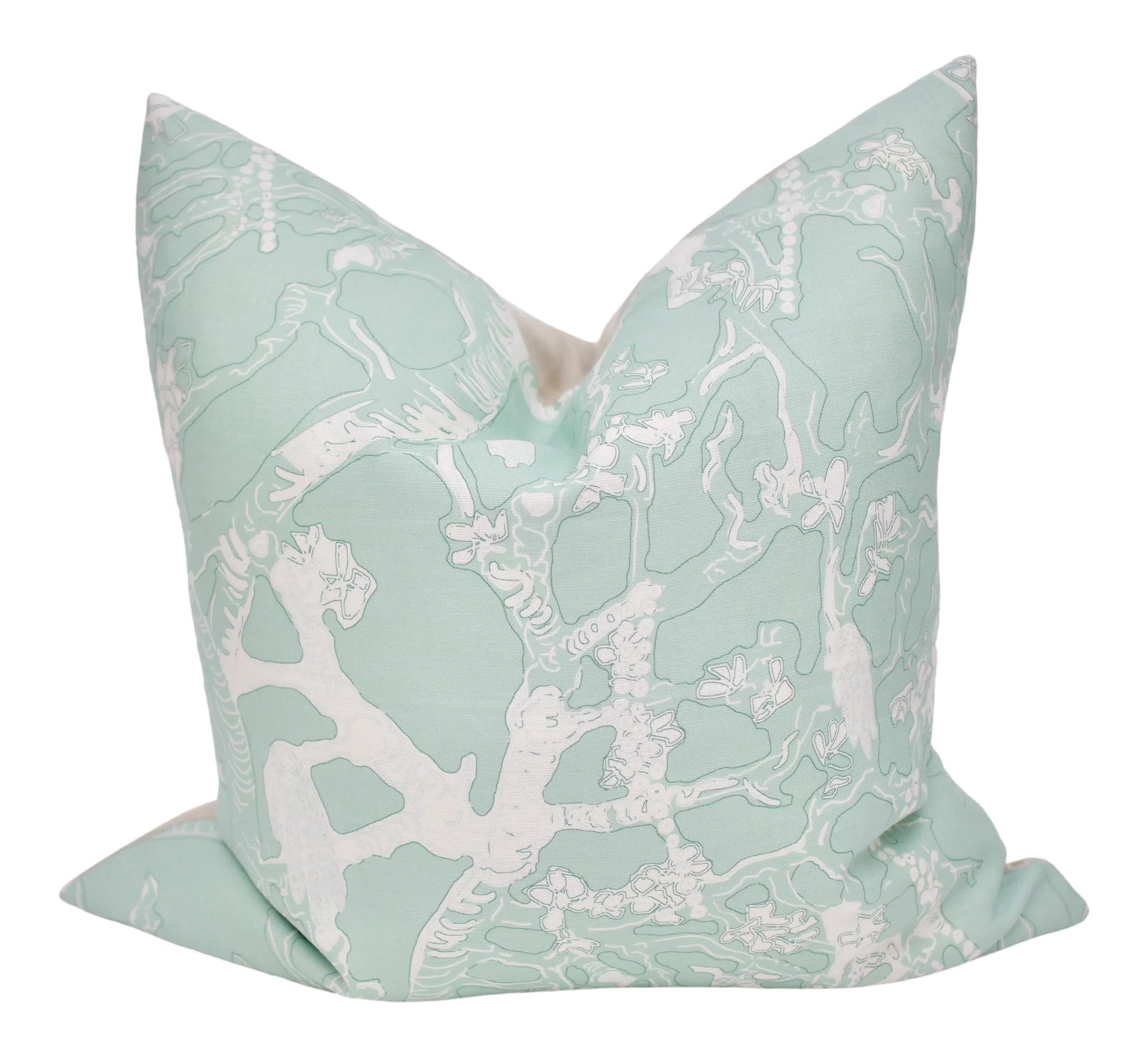 Isobel "60 Oaks" 25" Square Belgian Linen Pillow: Beautifully handmade Isobel "60 Oaks" 25" Square Belgian Linen pillow in colorway "Seafoam." Features a linen backing from Avant Garde, down/feather insert, and an invisible zipper closure.