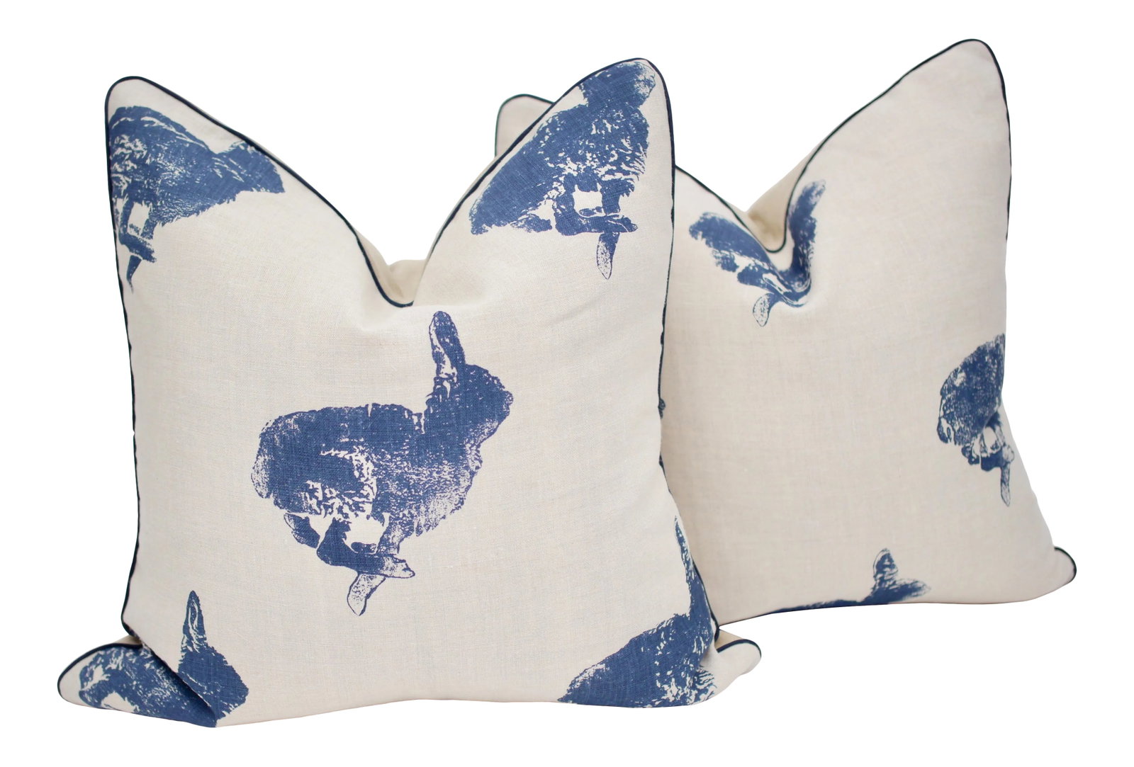 Lake August "Bun" 18" Square Hand Printed Linen Pillows - a Pair: Beautifully handmade and absolutely adorable pair of 18" Square Lake August "Bun" hand printed linen pillows in colorway "Night Run." As with all hand printed textiles, a subtle and sophisticated