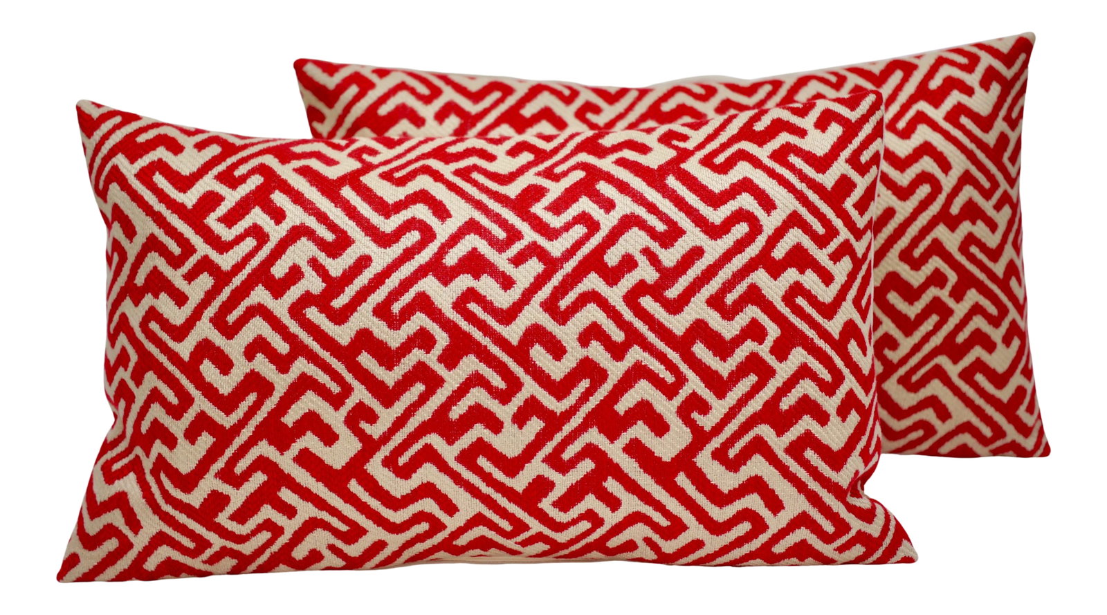 Jane Shelton "Labyrinth" 20" X 12" Down/Feather Lumbar Pillows - a Pair: Beautifully handmade pair of Jane Shelton "Labyrinth" 20" x 12" lumbar pillows in colorway Red. Features a 100% natural linen backing from Dogwood, a down/feather insert and an invisible zipper