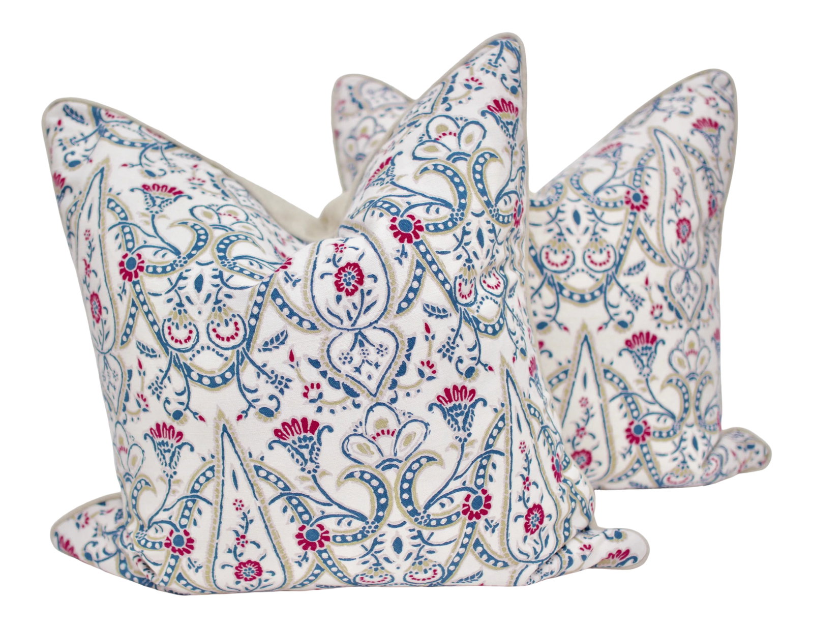 John Robshaw "Paduma" 22" Square Hand Printed Linen Pillows - a Pair: Beautifully handmade pair of John Robshaw "Paduma" 22" Square hand printed linen pillows. Features a welt and backing in linen from Avant Garde, a down/feather insert and an invisible zipper closure.