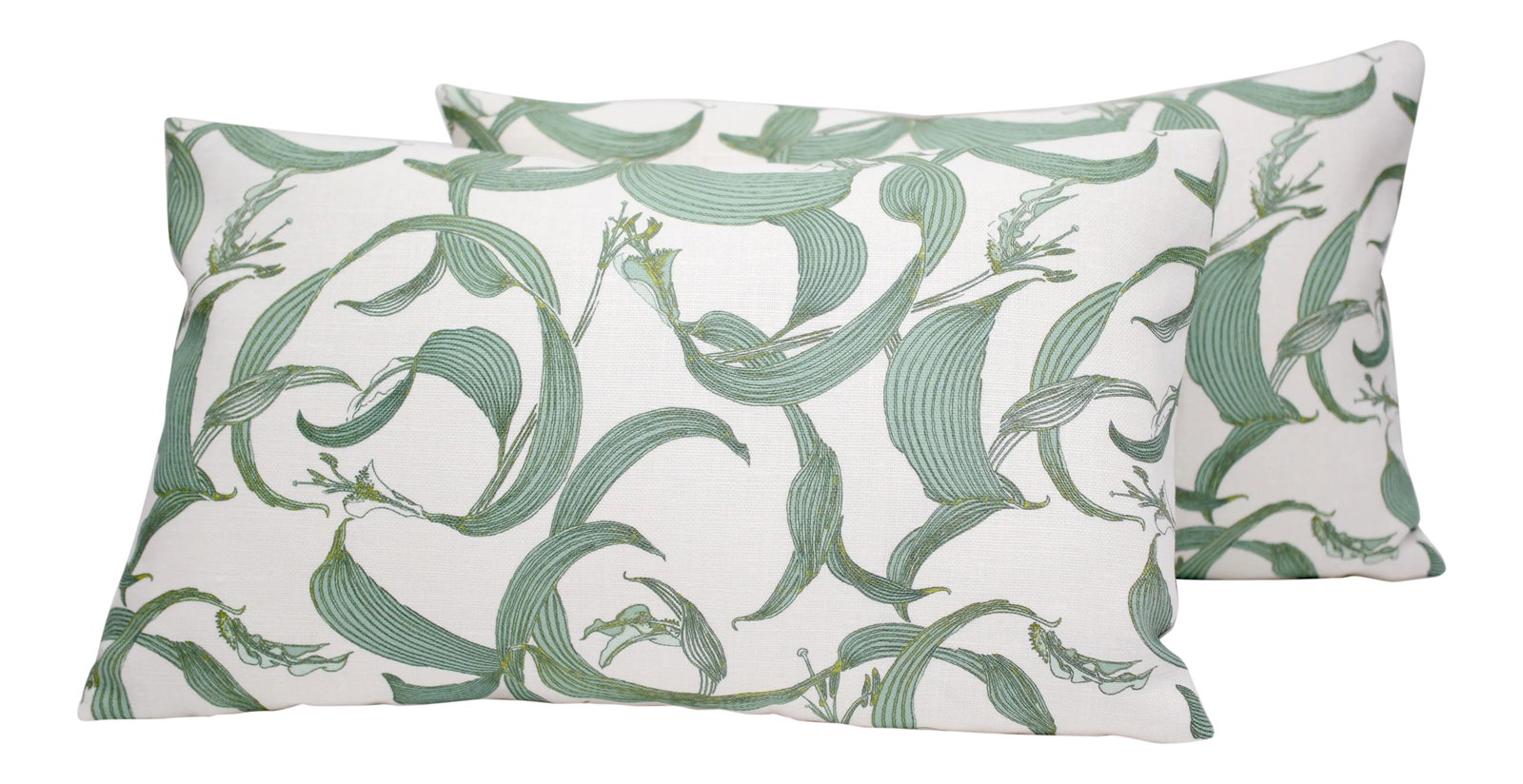 Isobel "Lilium" 20" X 12" Down/Feather Pillows - a Pair: Beautifully handmade pair of Isobel "Lilium" Belgian Linen pillows in "Seafoam." Features a linen backing from Avant Garde, a down/feather insert, and an invisible zipper closure. Condition: