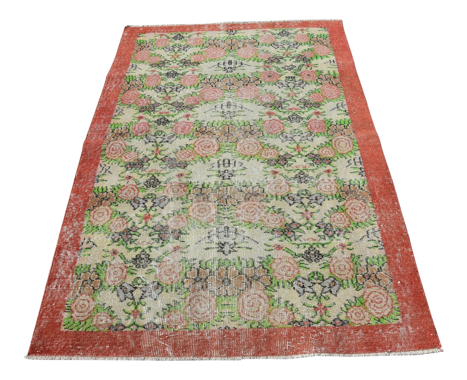 1970s Turkish Floral Handmade Rug: Size: 3.7 x 6.3 Feet ( 115 x 196 Cm ) 45 x 76 Inch Color: Red, Beige, Cream, Dark Gray Material: Wool Fast Shipping: Delivery in 1-3 Business Days. All rugs are handwoven by traditional tribes of