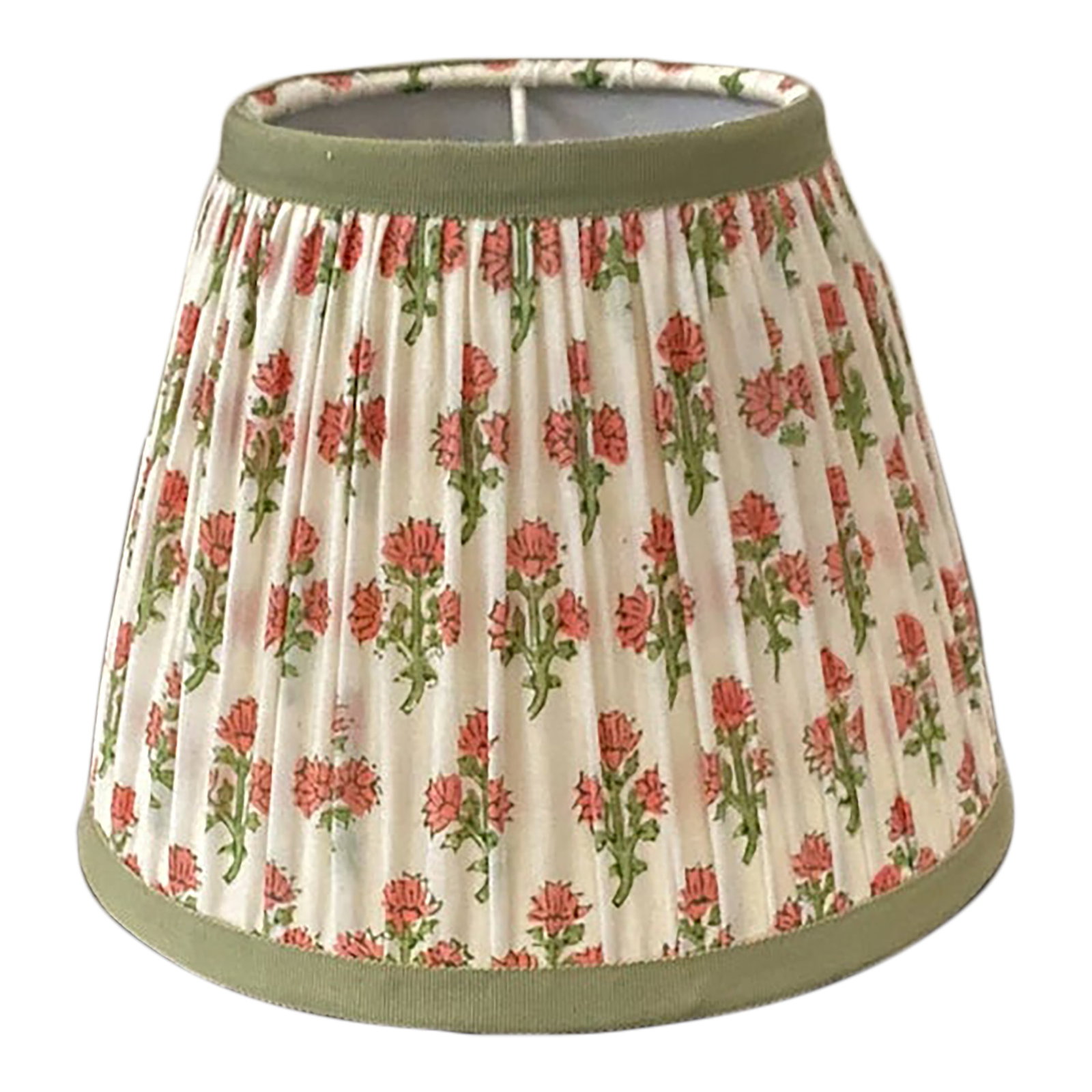 Shirred Blockprint Lamp Shade With Tape Trim: Coral and green floral blockprint fabric, gathered and shirred for this beautiful custom lamp shade. Samuel & Sons French grosgrain tape trim in a complementary green edges the top and bottom. Spider