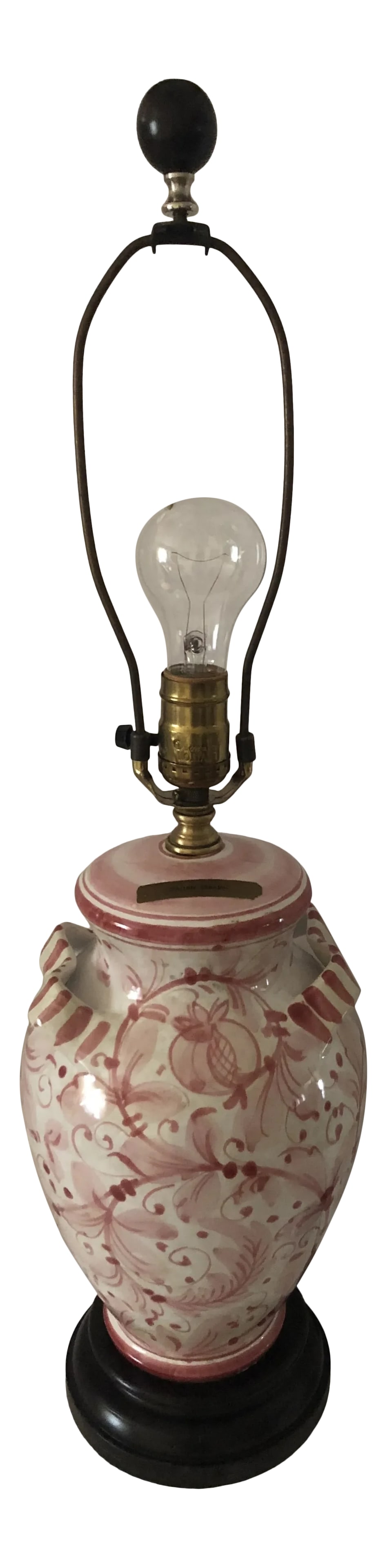 Vintage Mid 20th Century Italian Glazed Ceramic Pink Floral Table Lamp: Vintage Italian Glazed Ceramic Pink Floral Table Lamp. Hand decorated. Pre-owned. Excellent Condition. Working condition. H 13" x W 8" across base 6" Condition: Alterations: Original Condition