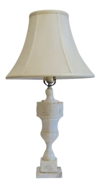 Late 19th Century Regency Alabaster Carved Table Lamp With Shade: This is an antique Regency style carved alabaster table lamp from the late 19th Century. Your sense of design will cause you to covet this piece, which is dramatic but still light and airy with its