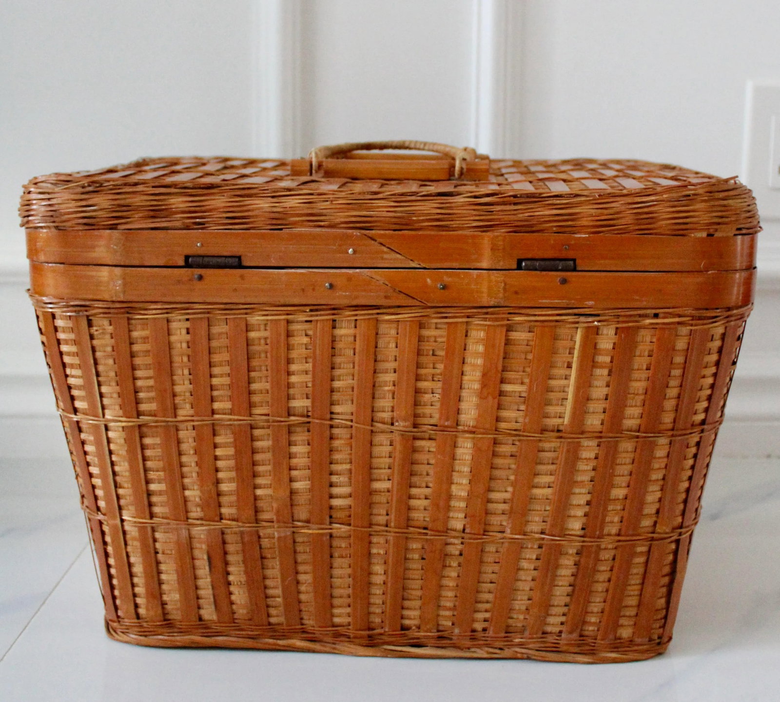 Vintage Asian Large Wicker Lidded Basket With Handles - 10