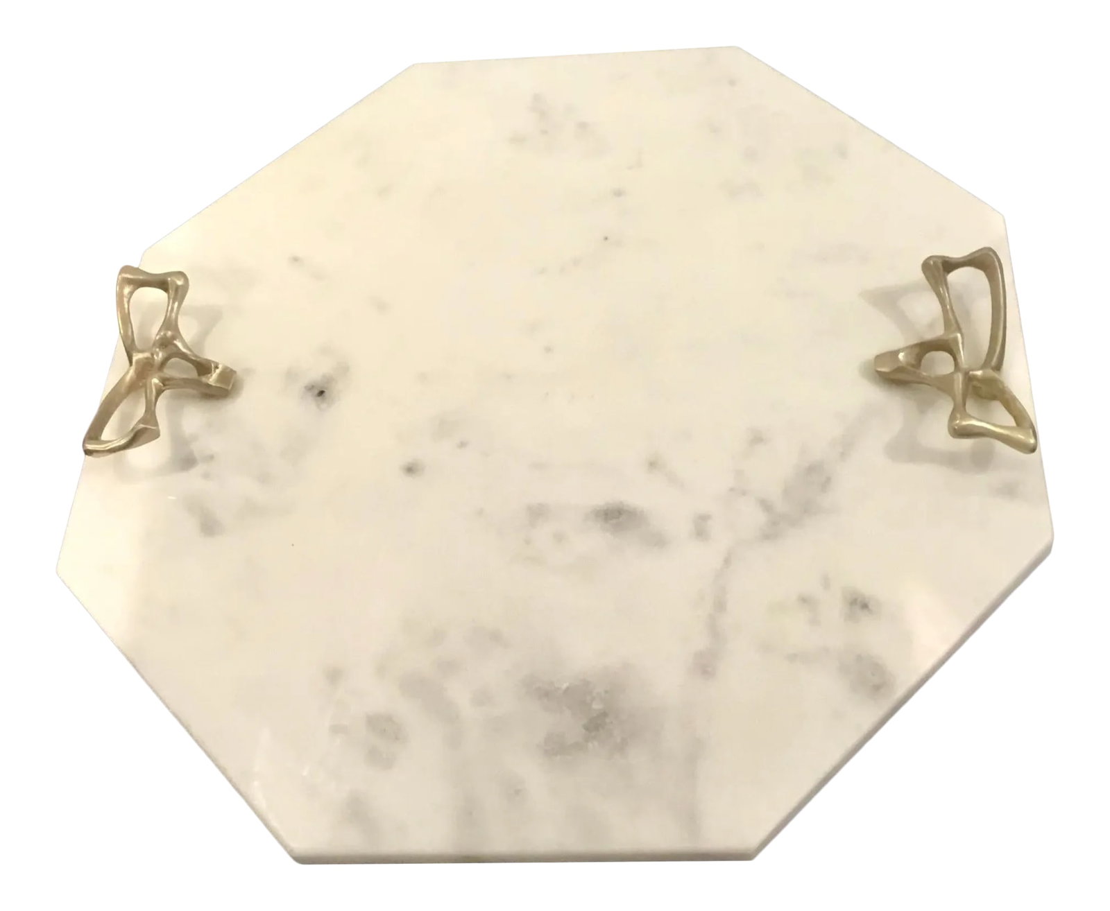Arteriors Modern White Marble Wakefield Tray: Stylish Arteriors Modern White Marble Wakefield Tray, silver finished abstract handles, showroom floor sample Condition: Imperfections: Some Imperfections Condition Notes: Showroom floor sample