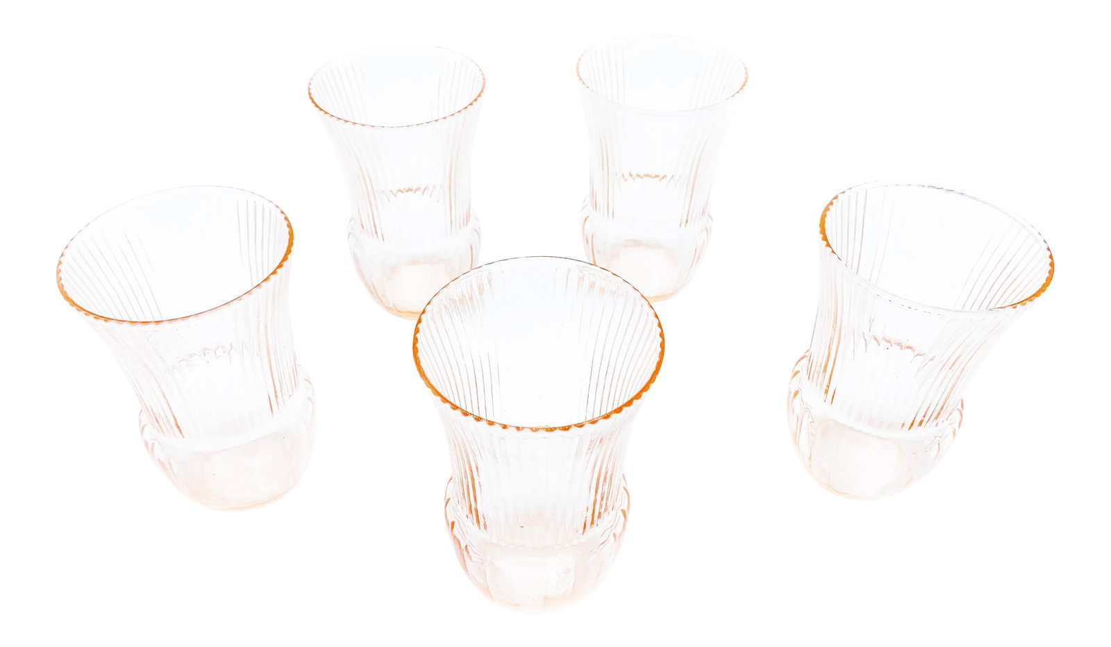 Vintage Art Nouveau Style Pale Pink Glassware Tumblers - 5 Pieces: Vintage set of 5 pale pink tumblers with an Art Nouveau twist. This stunning set is elegant in color and unique in design. The glassware has a bulbous base and a flaring top, all accentuated by