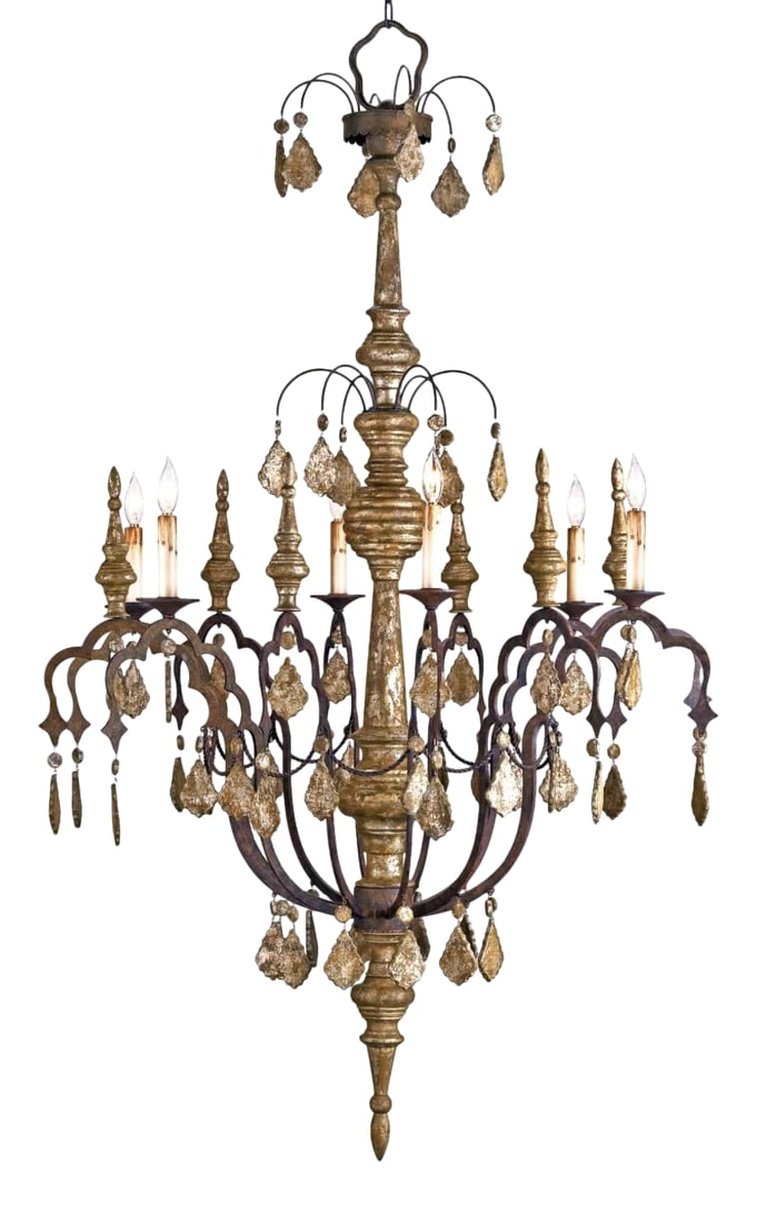 Currey and Co. Transitional Carved Wood and Iron Graycliff Chandelier: Original Retail $2380, stylish Currey and Co. Transitional Carved Wood and Iron Graycliff Chandelier, showroom floor sample Condition: Imperfections: Some Imperfections Condition Notes: Showroom