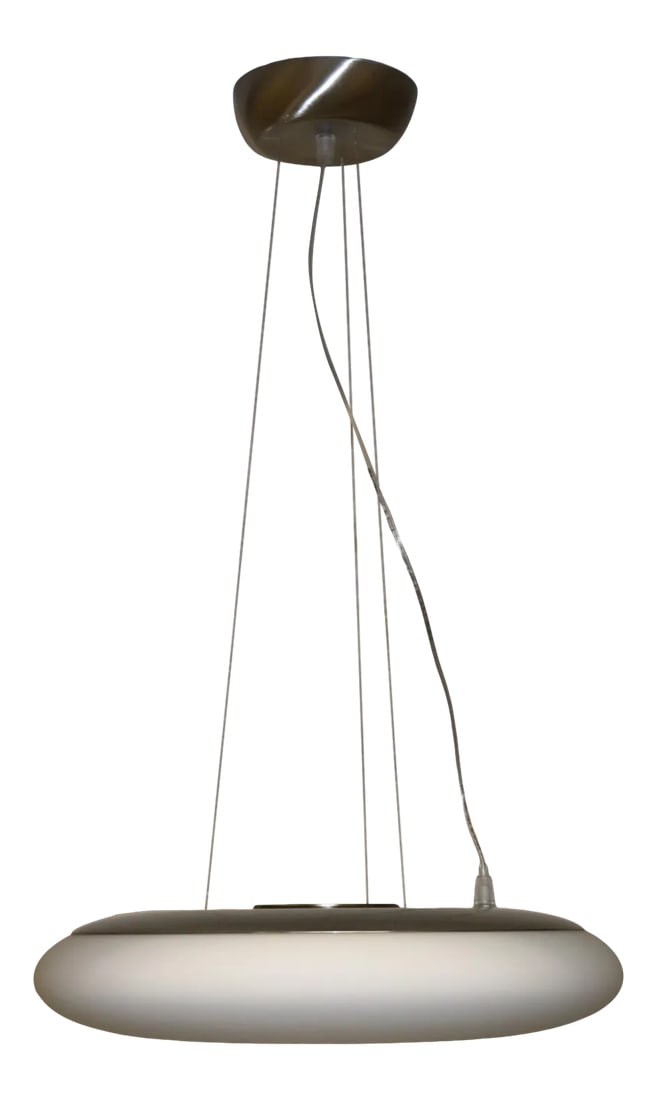 1990s Modern Murano White Glass Pendant Lamp: 1990s Modern Pendant Lamp Murano Hand Blown White Glass and Satin Nickel Metal Mounting. Made by ITRE. Dimensions: Diameter 15" Depth 15" Length 72" Wattage: 5X40W E12 Bulbs Condition: Imperfections: