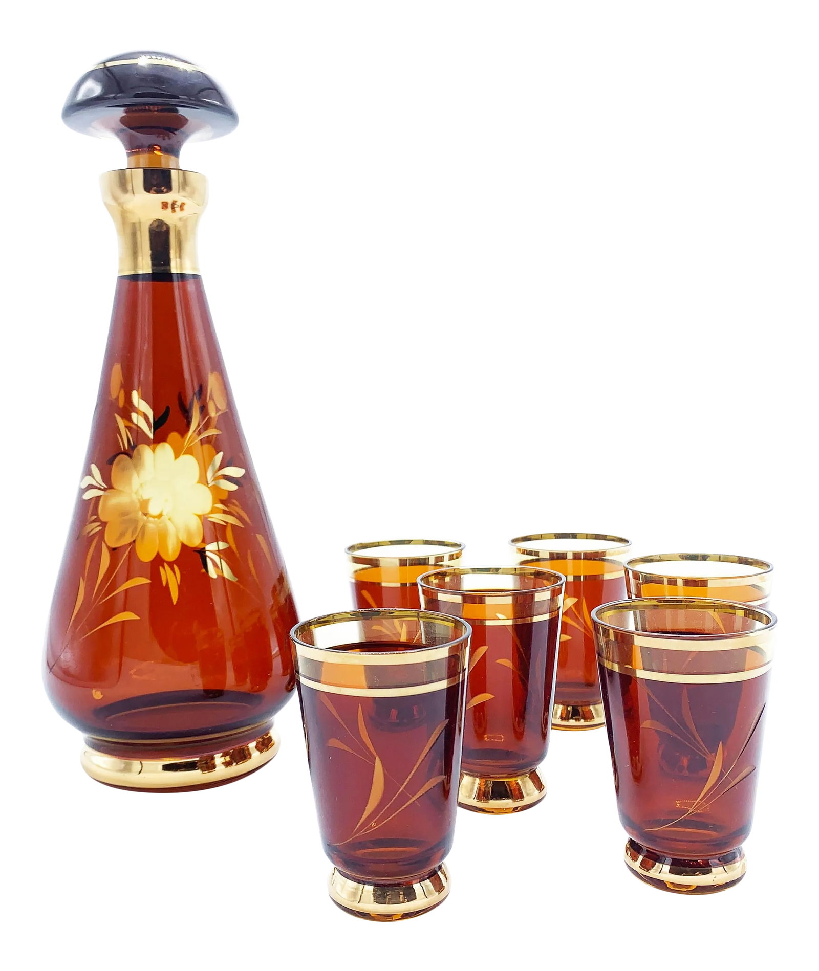 Mid-Century Ruby Red and Metallic Gold Venetian Glass Decanter Set - 7 Pieces: Vintage mid century ruby red and metallic gold, hand etched venetian glass decanter set. This ornate set was hand made and hand painted in Italy. It includes one decanter, the original stopper, and
