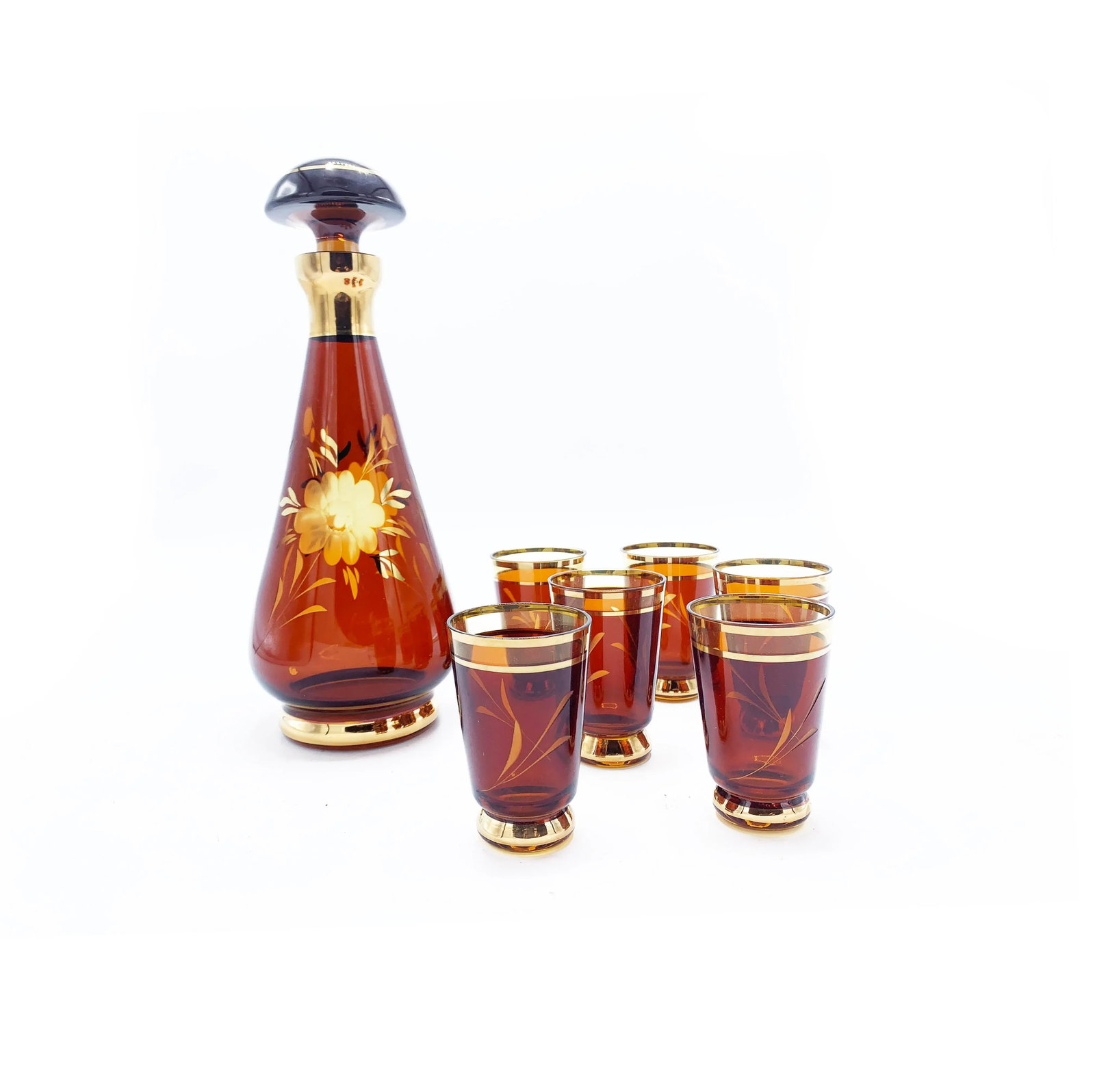Mid-Century Ruby Red and Metallic Gold Venetian Glass Decanter Set - 7 Pieces - 4