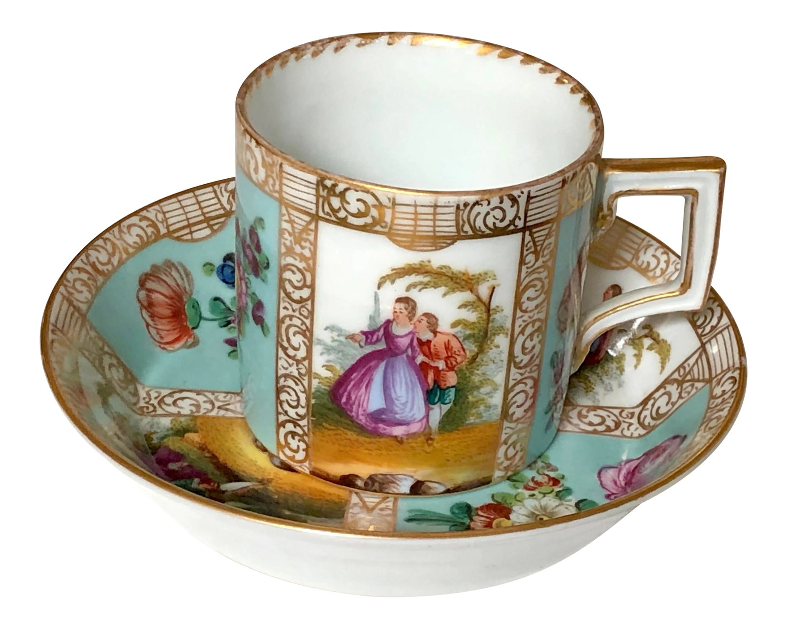 Meissen Coffee Can Cup and Saucer: Beautifully hand painted pastoral scenes and floral bouquets on this exquisite coffee can cup and raised saucer but the most renowned porcelain factory in history. This Meissen cup and saucer has fram