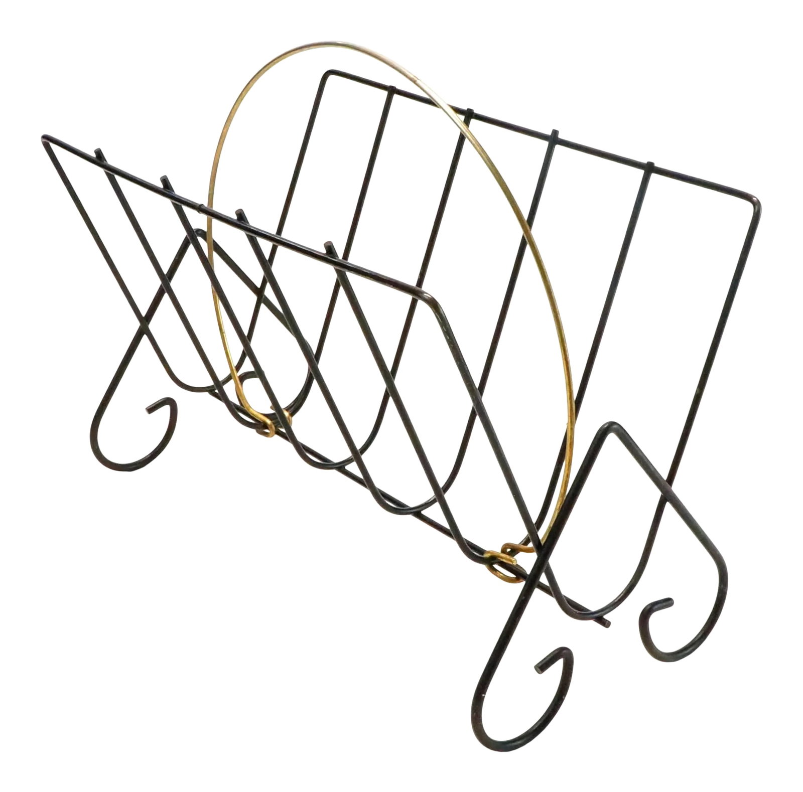Vintage Mid-Century Modern Metal Wire Magazine Rack: Mid Century Modern bent black metal wire magazine rack with brass plated circular handle Condition: Alterations: Original Condition Unaltered Imperfections: Some Imperfections Condition Notes: