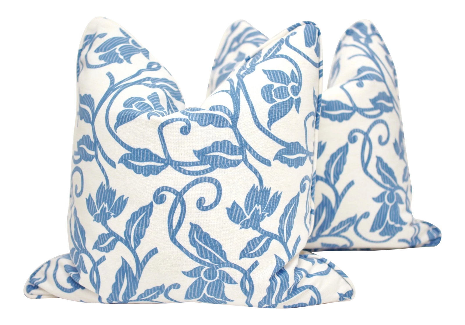 Elizabeth Benefield "Fiji" 18" Square Hand Printed Linen Pillows - a Pair: Beautifully handmade pair of 18" Square Elizabeth Benefield "Fiji" hand printed linen pillows in Blue, designed by Laury Roseanne Barnes. Pillows feature a self welt, linen backing from Avant Garde,
