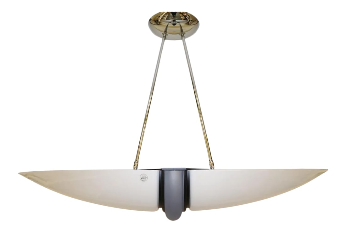 1990s Modern Murano Glass Pendant Lamp: Alox Pendant White Murano Glass Diffuser with Middle Light Blue Glass Accent. Chrome Metal Mounting. Dimensions: Width 33 3/8" Depth 10 1/8" Minimum Height 22 1/2" Maximum Height 38" Wattage: 300W