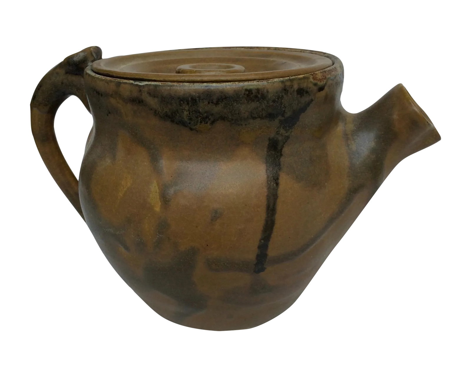 Mid Century Modern Drip Glazed Teapot: Hand thrown ceramic teapot with drip glaze and chunky lid. Matte brown colors. Artist signature on bottom. Condition: Alterations: Original Condition Unaltered Imperfections: Some Imperfections