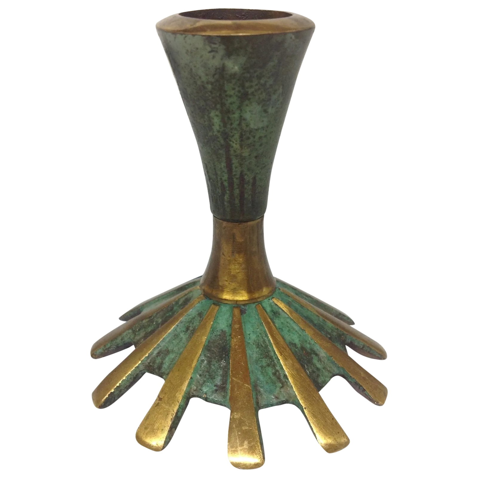 Patinated Verre De Gris Israeli Candleholder: The rich green patina present on this Verre De Gris Israeli candleholder gives it dimension and depth that will add to any space. A note from the seller: We ALWAYS accept reasonable offers. Before
