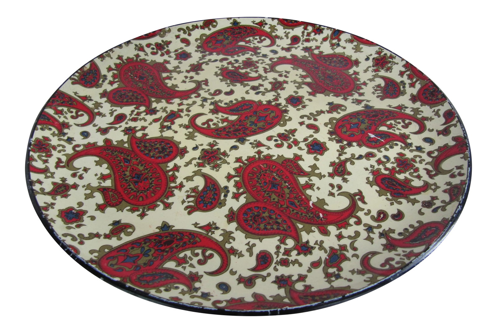 Vintage Red Paisley Tray: This vintage preppy paisley tray with and ivory background and red, gold, and blue paisleys would make a fabulous and stylish addition to your bar, library, or kitchen. There are some scratches to