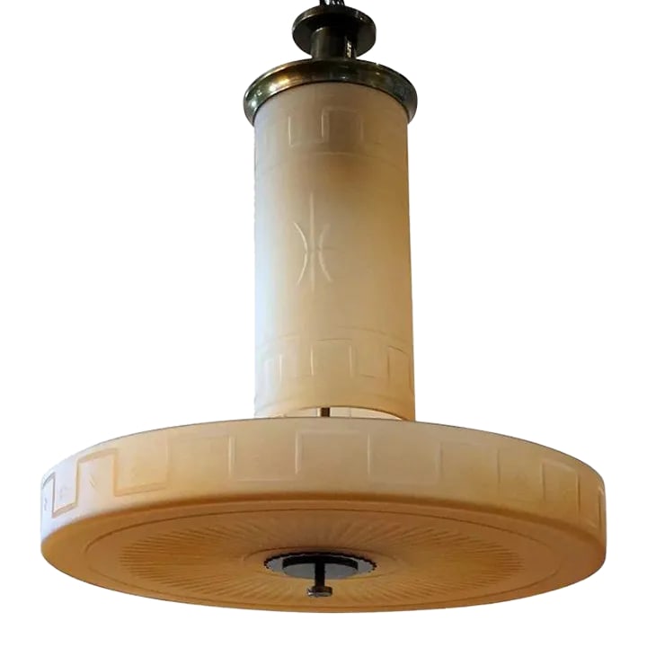1930s Swedish Simon Gate for Orrefors Frosted Amber Glass Ceiling Light Fixture: STYLE Art Deco PLACE OF ORIGIN Sweden MAKER Designer: Simon Gate (Swedish, 1883-1945) | Orrefors Glassworks (Orrefors, Smaland, Sweden, 1898-present) MARKS Unmarked DATE Circa 1930 DIMENSIONS Width