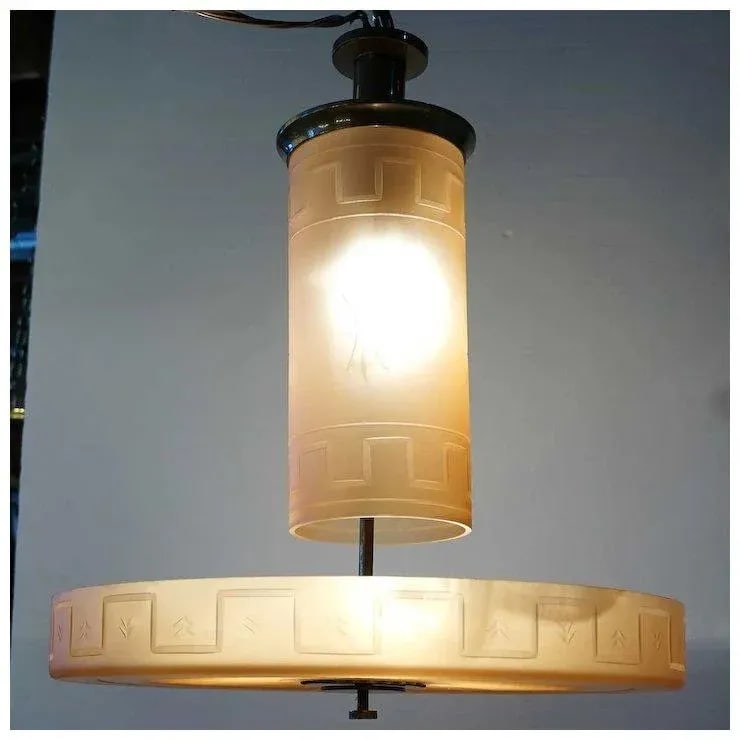 1930s Swedish Simon Gate for Orrefors Frosted Amber Glass Ceiling Light Fixture - 2