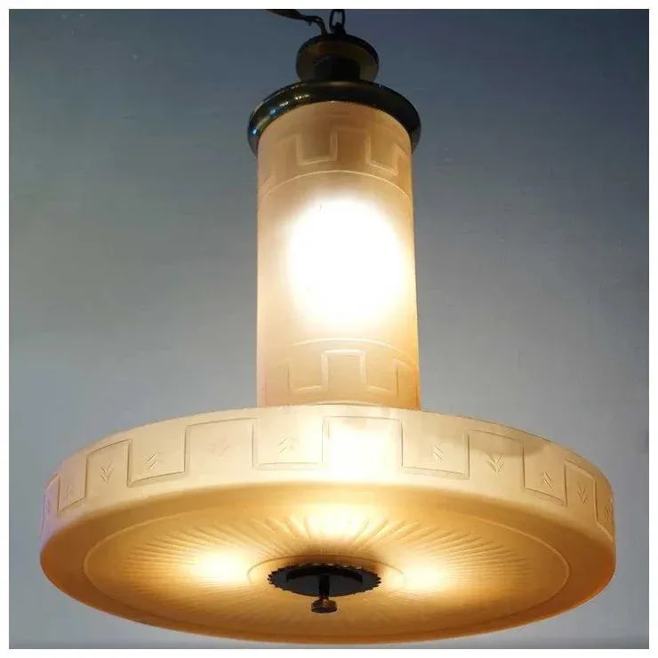 1930s Swedish Simon Gate for Orrefors Frosted Amber Glass Ceiling Light Fixture - 6