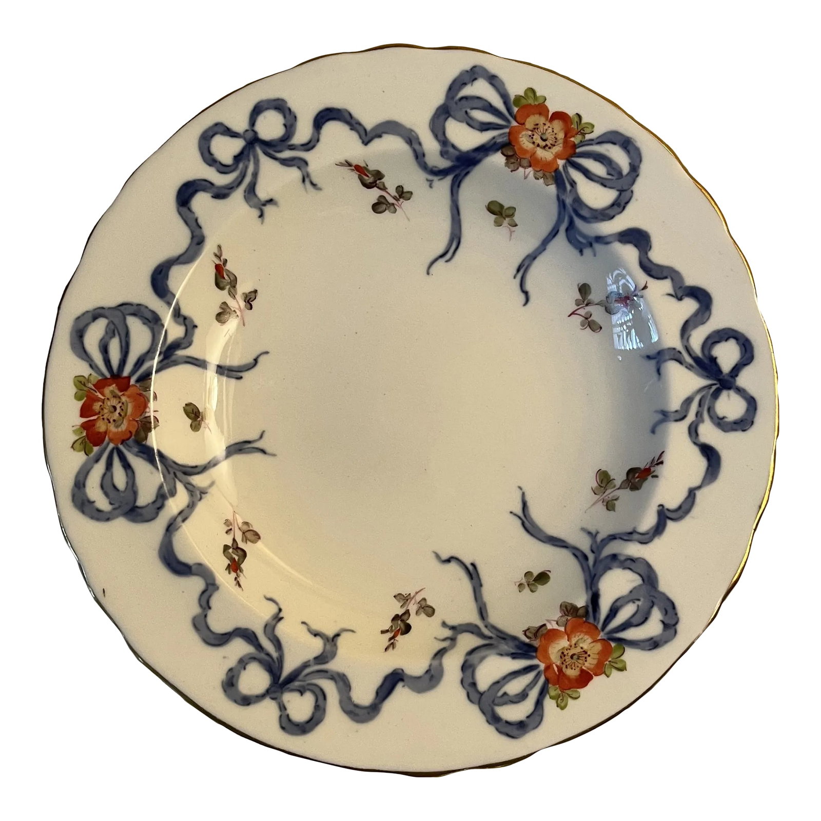 Late 20th Century Royal Crown Derby Trinket Dish White With Blue Ribbon Border, Made in England: Royal Crown Derby bone china decorative plate. Has a ribbon and floral pattern that is blue and orange, gold rim, and diameter of 6" and depth of .15". In excellent condition. Condition: Alterations:
