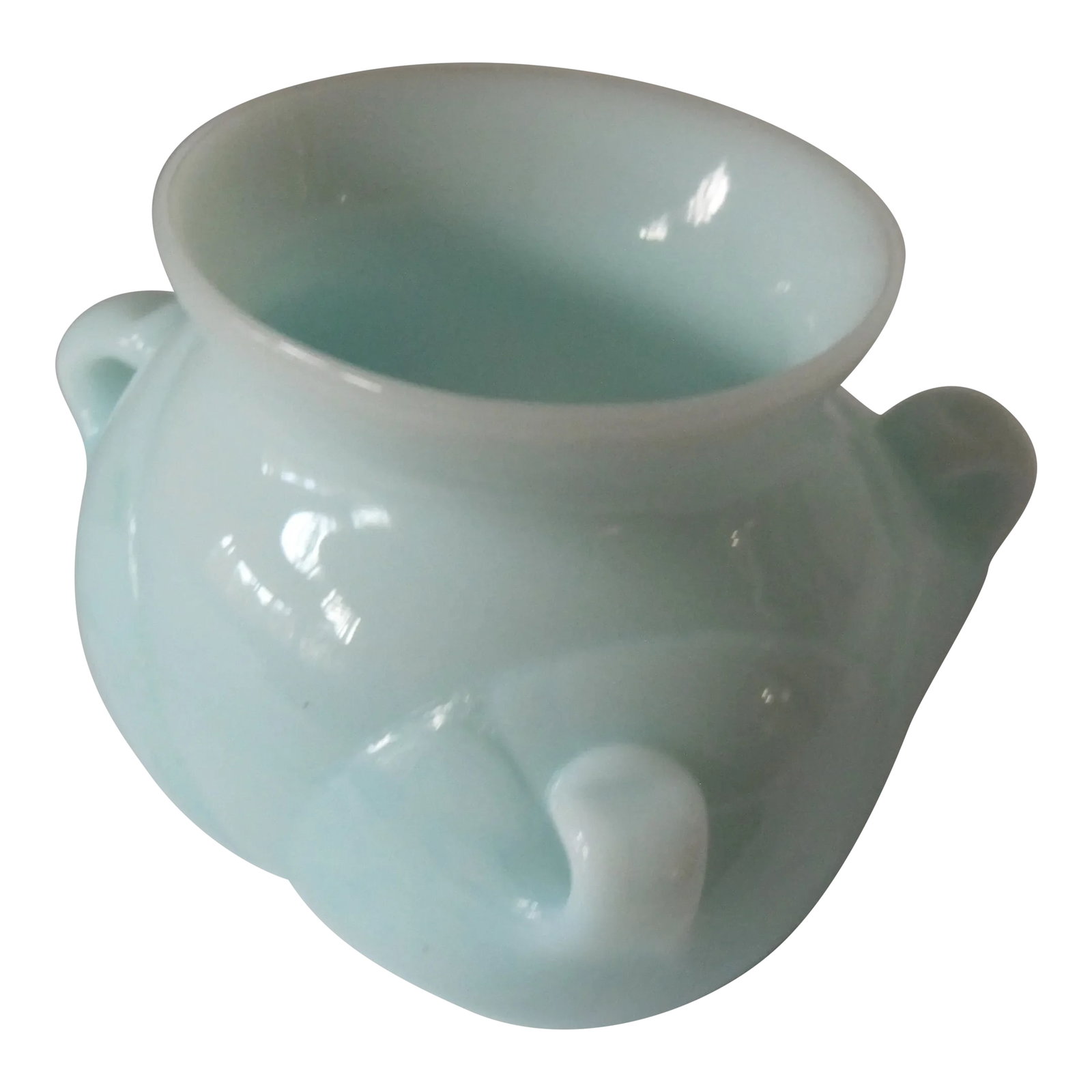 Pearlescent Blue Art Glass Vase: Gorgeous Pearlescent Blue Art Glass Vase with 3 handles. This vase does not sit flat, it was blown to sit on an angle. A beautiful piece to add to your collection. COMBINED SHIPPING AVAILABLE with