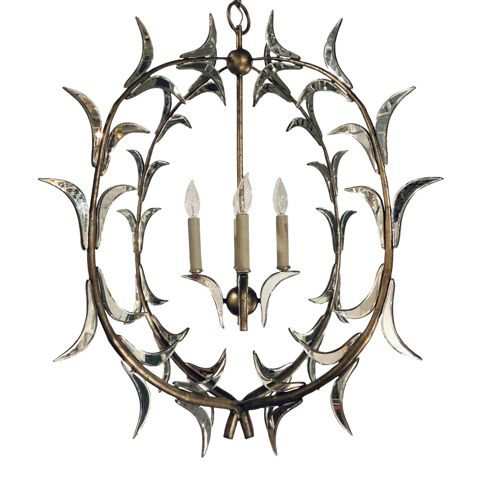 Currey & Co. Modern Glass Leaf Chandelier Prototype: Stylish Currey & Co. Modern Glass Leaf Chandelier Prototype, antique gold finish Condition: Imperfections: Some Imperfections Condition Notes: Showroom floor sample, not brand new from a box but