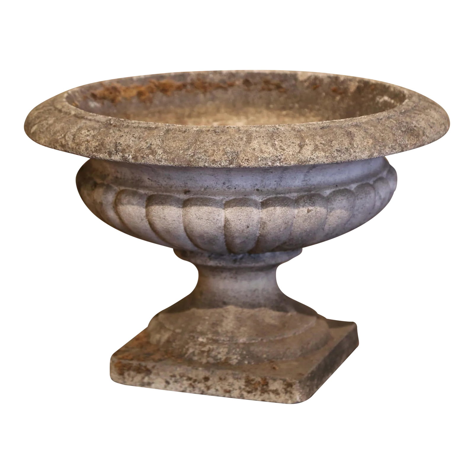 19th Century French Weathered Carved Stone Garden Planter Jardiniere: Place this elegant antique "Chambord" planter on your patio for a timeless flower display. Crafted circa 1880, the large, sturdy stone jardiniere was found in Paris, France. The jardiniere sits on a s