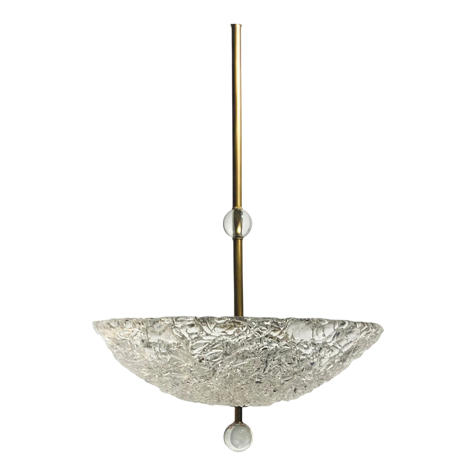 Arteriors Modern Glass and Brass Wendelin Chandelier: Original Retail $1625, stylish Arteriors Modern Glass and Brass Wendelin Chandelier , textured glass bowl, brass finished rods and hardware, showroom floor sample Condition: Imperfections: Some