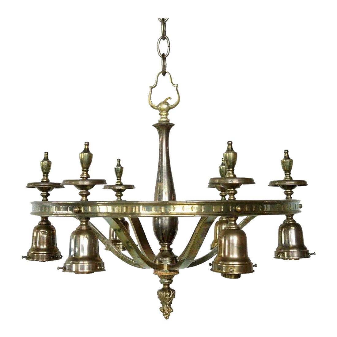 1920s Vintage American Brass 6-Light Chandelier: DETAILS An antique or vintage chandelier light fixture with six down lights hung from a circular frame. Possibly by Edward F. Caldwell & Co. Ready to be fitted with art glass shades. PLACE OF ORIGIN
