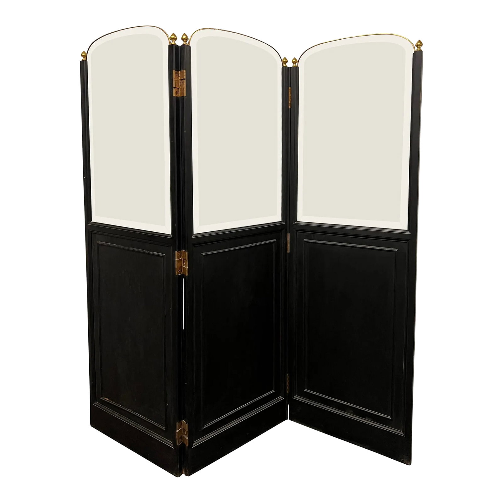 Early 20th Century French Art Nouveau Folding Screen: A chic and spectacular early 20th century French Art Nouveau folding screen with three beautifully arched and beveled glass panels held in place with brass frames and brass finials, and with black