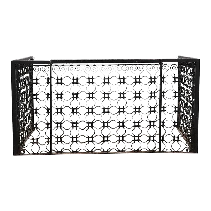 Late 19th Century Three-part American Winslow Bros Painted Wrought Iron Panel as Fireplace Screen: DETAILS An antique, three-part, fireplace screen repurposed from a Winslow Brothers iron mesh grille salvaged from a birdcage elevator in the historic Railroad Building in Denver. PROVENANCE Railroad
