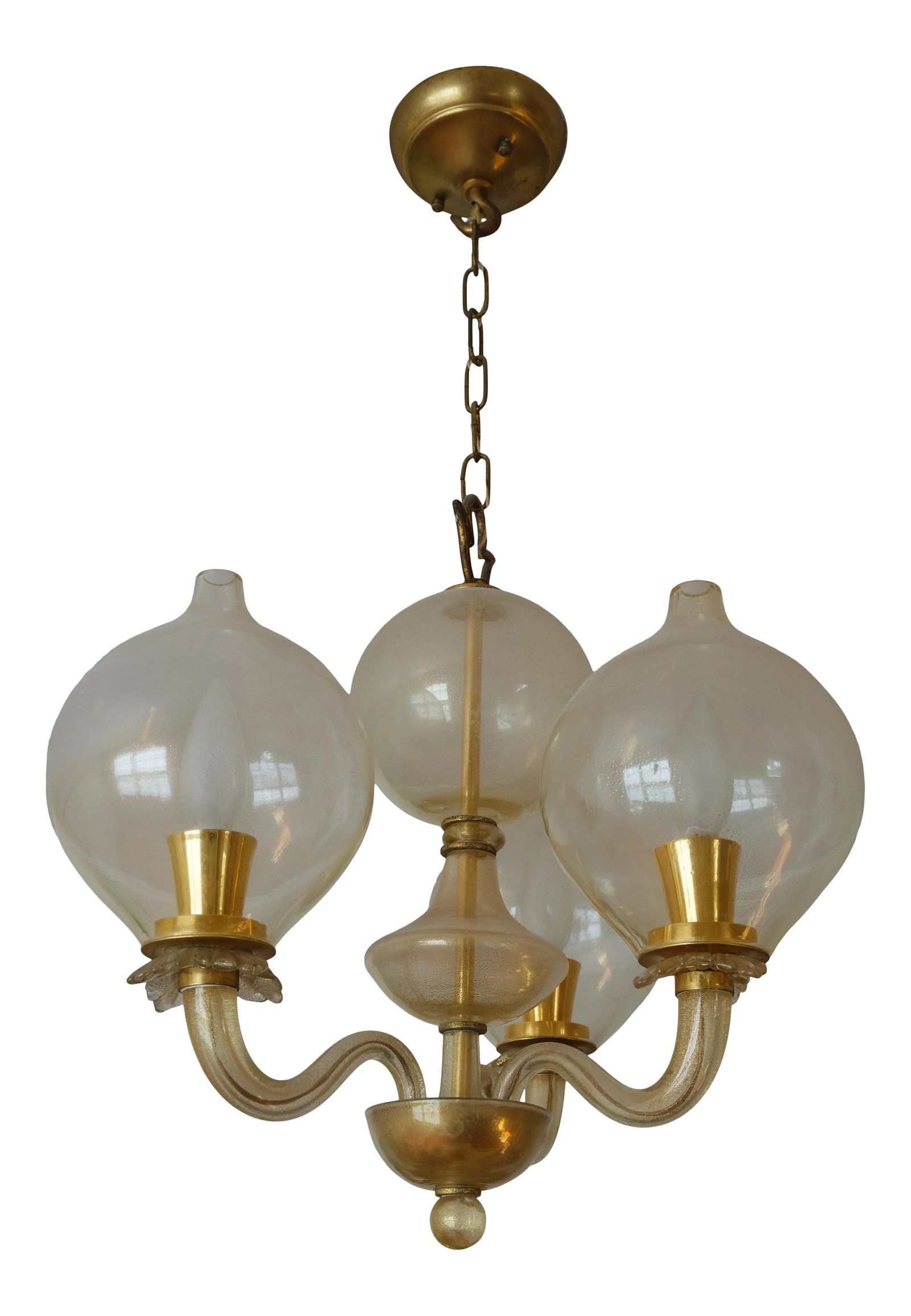 1950s Murano Four Branch Chandelier: Hand blown Murano chandelier with four branches each topped by a globe. The particular beauty of this chandelier is the gold speckling of the glass. Condition: Alterations: Original Condition