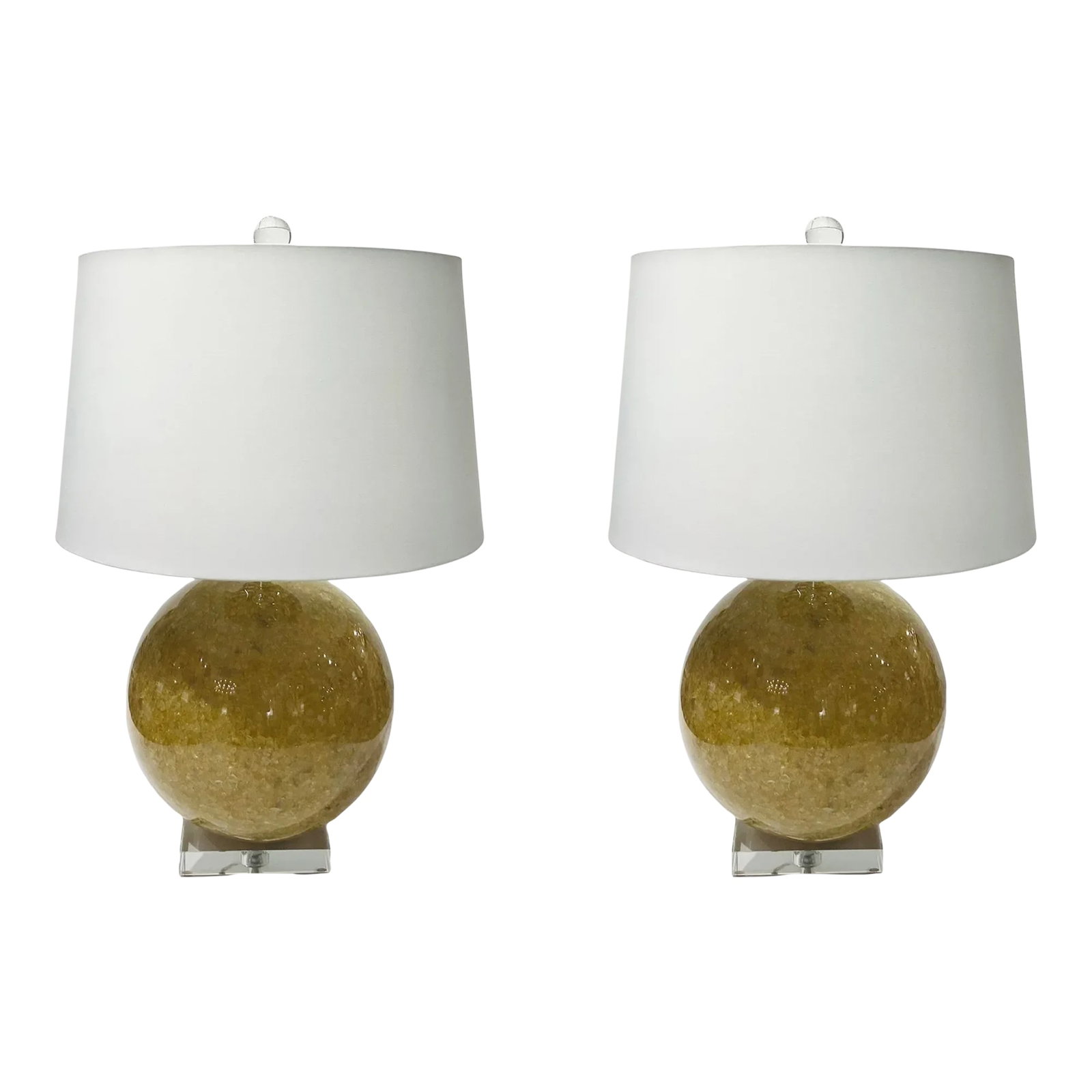 Organic Modern Yellow Quartz Sphere Table Lamps Pair: Stylish Organic Modern Yellow Quartz Sphere Table Lamps Pair, acrylic bases, white fabric shades, showroom floor samples Condition: Imperfections: Some Imperfections Condition Notes: Showroom floor
