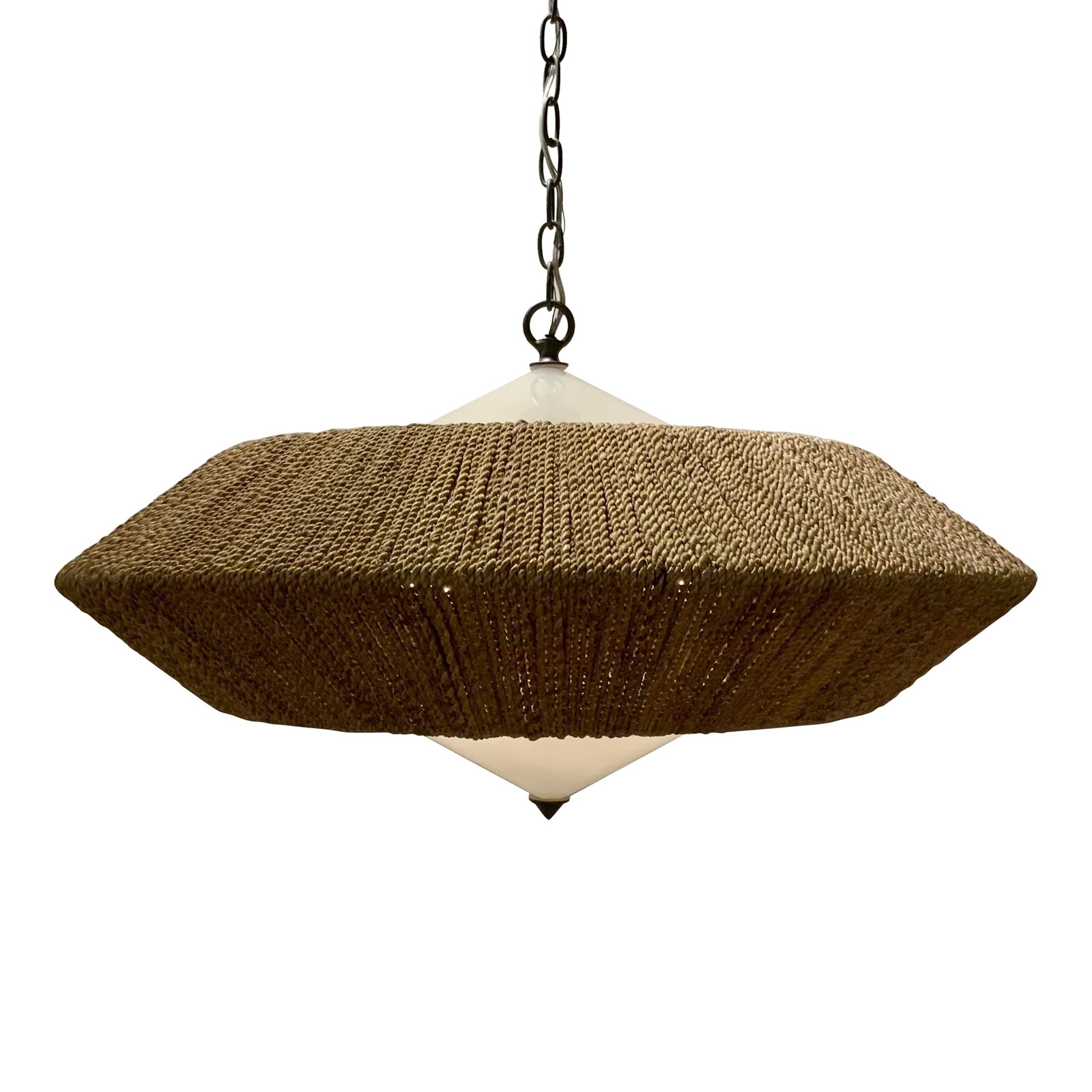 Currey & Co. Organic Modern Jute Saucer Chandelier: Stylish Currey & Co. Organic Modern Jute Saucer Chandelier, frosted top and bottom, showroom floor sample Condition: Imperfections: Some Imperfections Condition Notes: Showroom floor sample, not