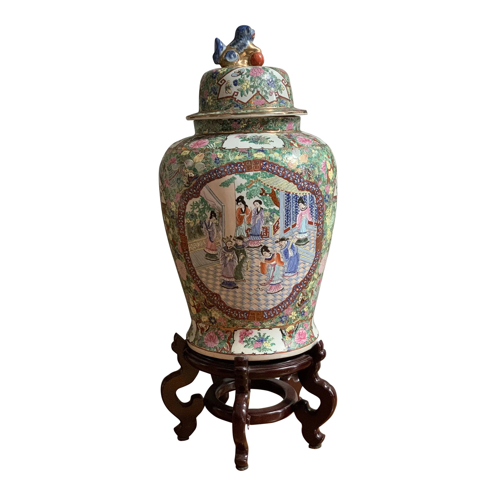 Rose Medallion Famille Rose Foo Lion Temple Jar With Mahogany Stand - 25.5" Tall: This is a large vintage baluster urn. An Oriental, ceramic set from the Art Deco period, dating to the mid-20th century, circa 1940. Wonderful size standing over 2' tall and intricately decorated and