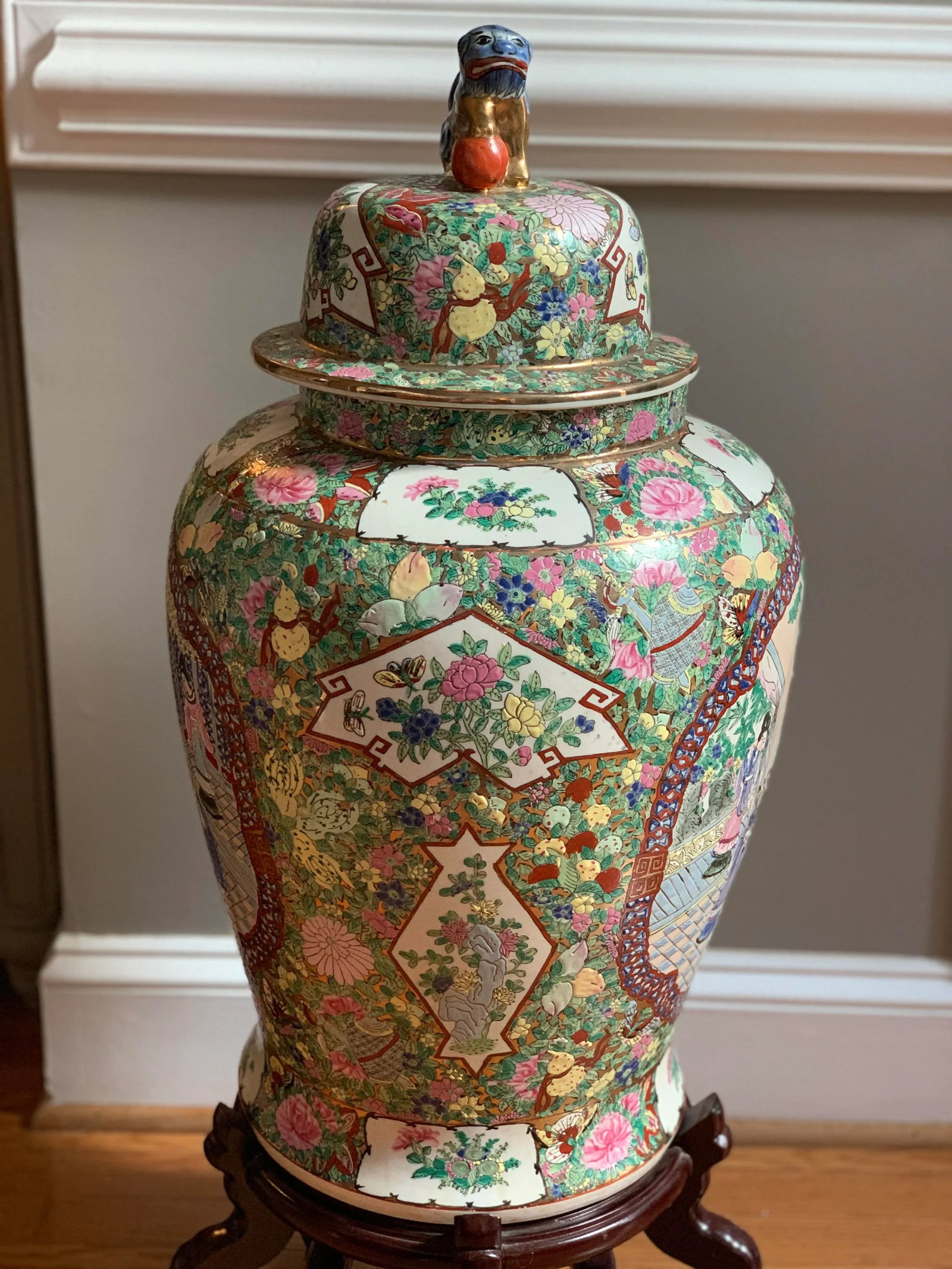 Rose Medallion Famille Rose Foo Lion Temple Jar With Mahogany Stand - 25.5" Tall - 4
