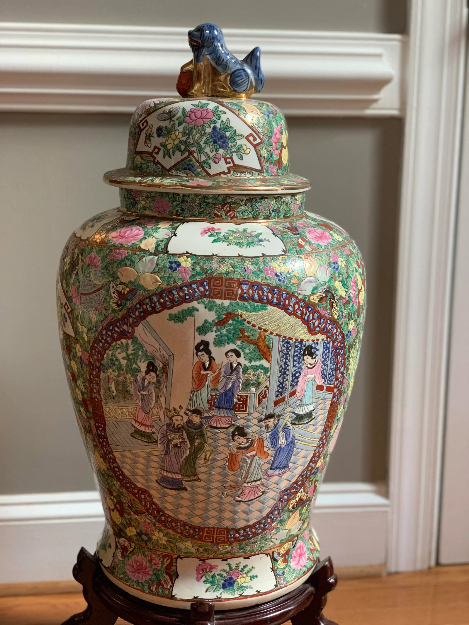 Rose Medallion Famille Rose Foo Lion Temple Jar With Mahogany Stand - 25.5" Tall - 5